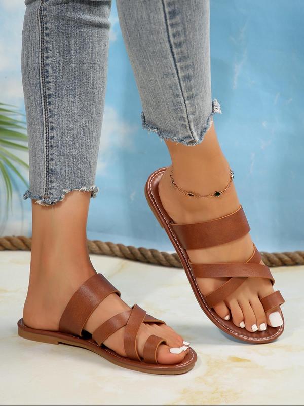 Women's Fashion Plain Color Toe Ring Slip on Sandals, Comfortable Asymmetrical Strappy Design Flat Sandals for Beach Vacation, All-match Commuter Shoes for Work