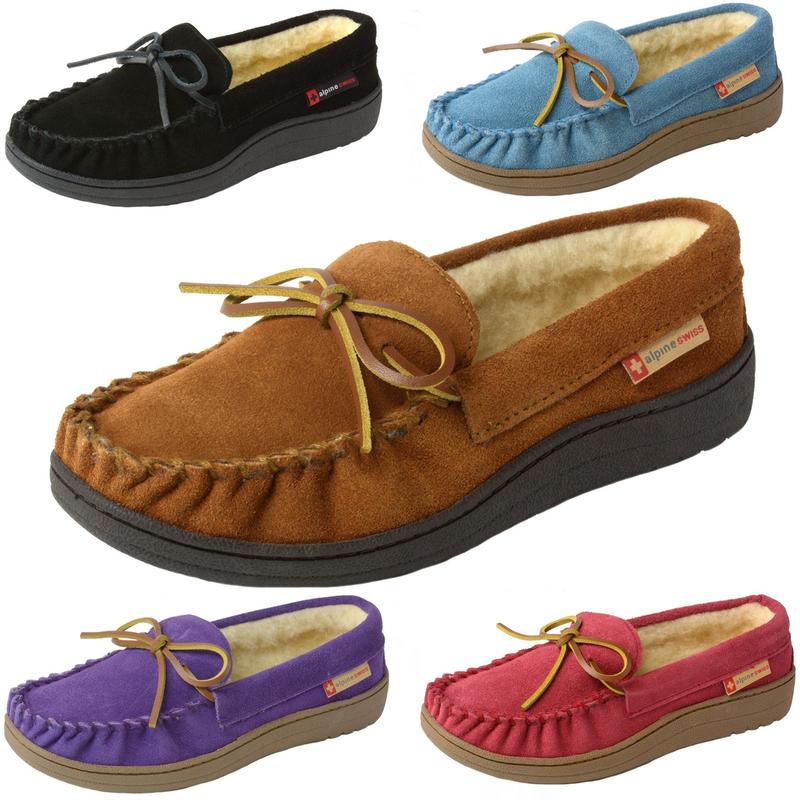 Alpine Swiss Sabine Womens Genuine Suede Shearling Slip On Moccasin Slippers