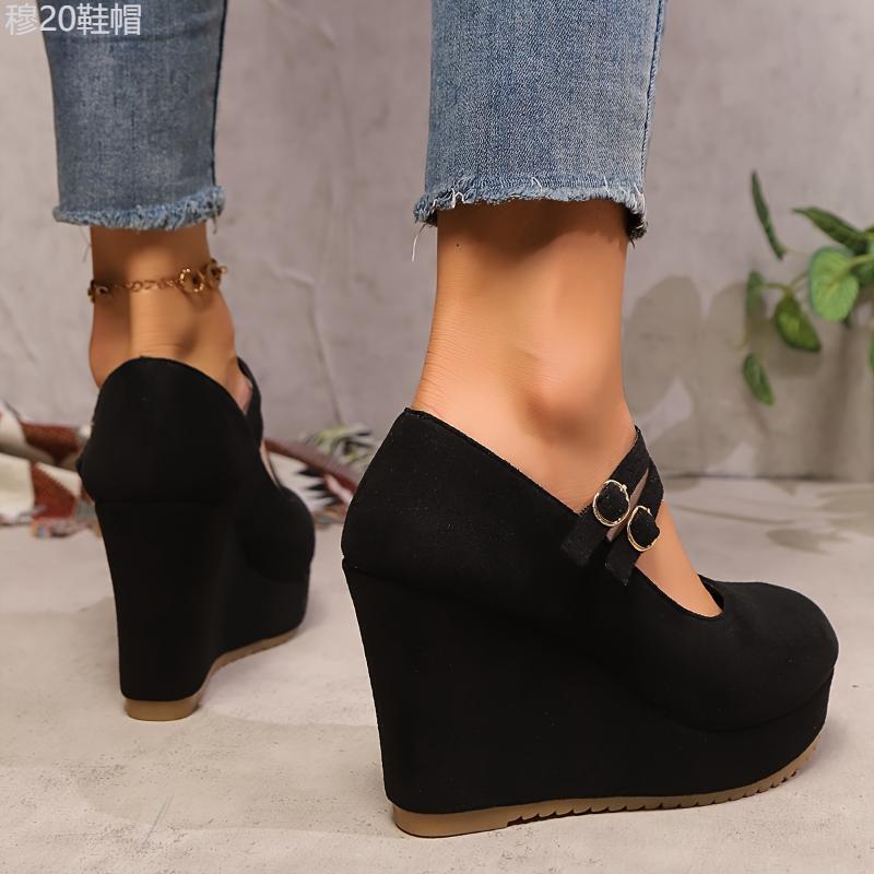 Elegant Round Toe Platform Pumps for Women - Fabric Upper with PU Inner & TPR Sole, Lightweight Solid Color with Buckle Strap, Versatile All-Season Ultra High- Wedge Shoes from Taizhou Footwear Girl Walking Shoes Classy Stylish High High   Fashi Fashion