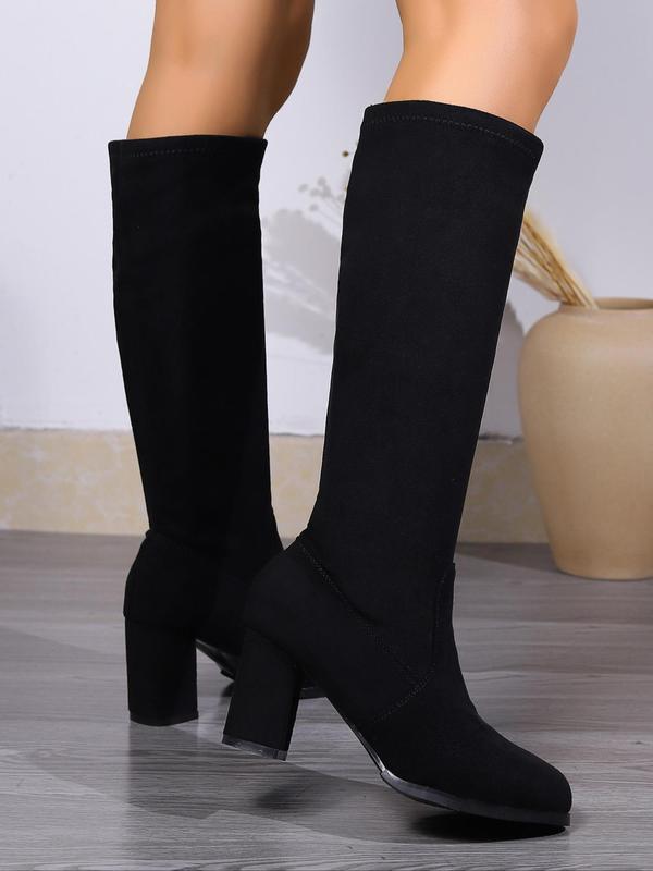 Women's Solid Color Chunky Heel Boots, Fashionable Pointed Toe Knee Boots for Daily Wear, Comfortable and Durable Boots for Women & Girls