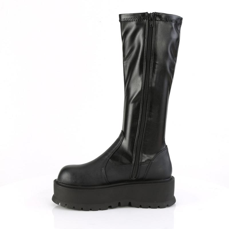 Demonia Slacker-200 Black Stretch Vegan Leather Knee-high Boots