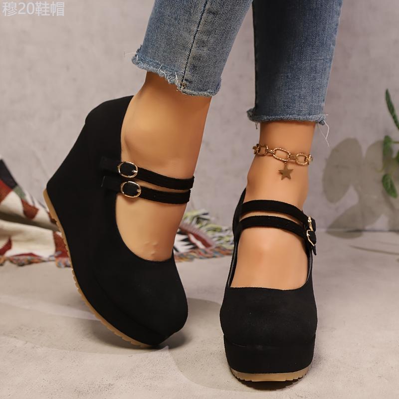 Elegant Round Toe Platform Pumps for Women - Fabric Upper with PU Inner & TPR Sole, Lightweight Solid Color with Buckle Strap, Versatile All-Season Ultra High- Wedge Shoes from Taizhou Footwear Girl Walking Shoes Classy Stylish High High   Fashi Fashion