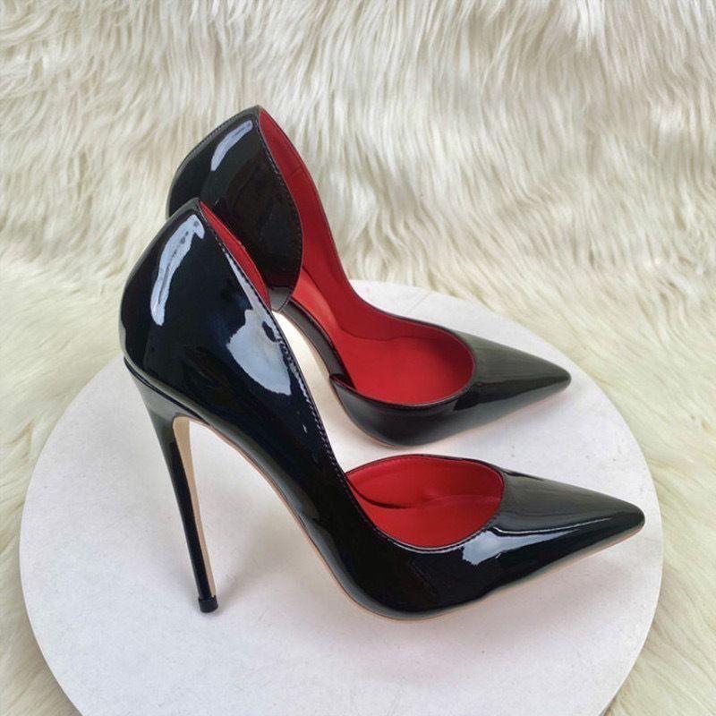 Nude Color Side Empty Red Bottom High Heels Stiletto Heel Women's New Special-Interest Design Patent Leather Bed Pumps