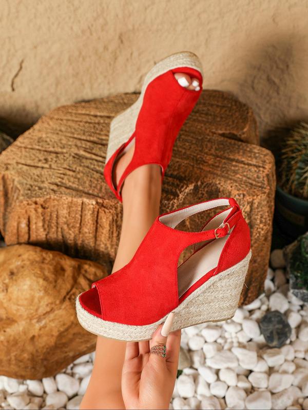 Espadrille Peep Toe Wedge Sandals, Casual Hollow Out Buckle Decor Flatform Walking Shoes for Back To School, Beach Party Vacation, Fashion Sandals for Women for Party, Footwear, Fall Outfits, Fall Freshness, for Fall, Vacation Outfits