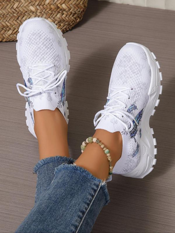 Women's Fashionable Butterfly Print Lace Up Low Top Sneakers, Casual Comfortable Breathable Sports Running Shoes, All-match Basic Shoes for Daily Wear