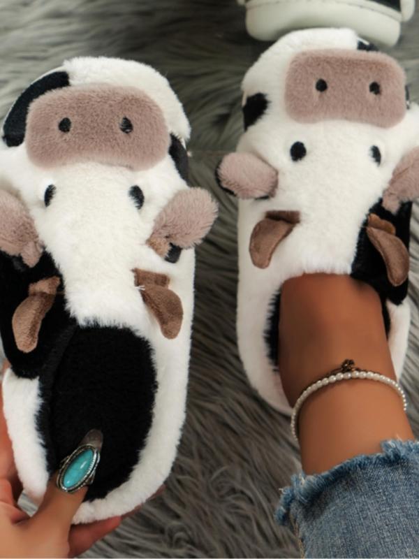 Women's Cute Cow Design Plush Slippers, Casual Soft Comfortable Home Slippers, Warm Slippers for Indoor & Outdoor Use for Fall & Winter