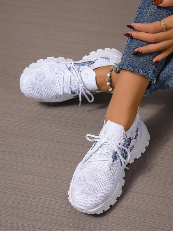 Women's Fashionable Butterfly Print Lace Up Low Top Sneakers, Casual Comfortable Breathable Sports Running Shoes, All-match Basic Shoes for Daily Wear