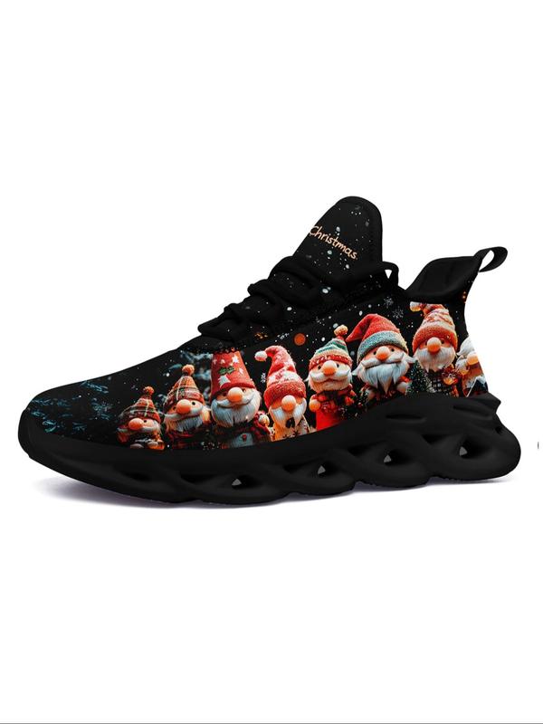 Women's Christmas Gnome Print Lace Up Low Top Sneakers, Casual Comfortable Breathable Sports Running Shoes, Female All-match Round Toe Shoes for Daily Wear