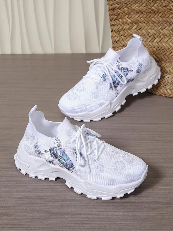 Women's Fashionable Butterfly Print Lace Up Low Top Sneakers, Casual Comfortable Breathable Sports Running Shoes, All-match Basic Shoes for Daily Wear