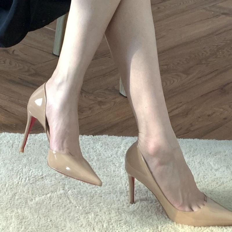 Nude Color Side Empty Red Bottom High Heels Stiletto Heel Women's New Special-Interest Design Patent Leather Bed Pumps