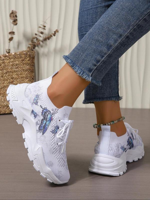 Women's Fashionable Butterfly Print Lace Up Low Top Sneakers, Casual Comfortable Breathable Sports Running Shoes, All-match Basic Shoes for Daily Wear