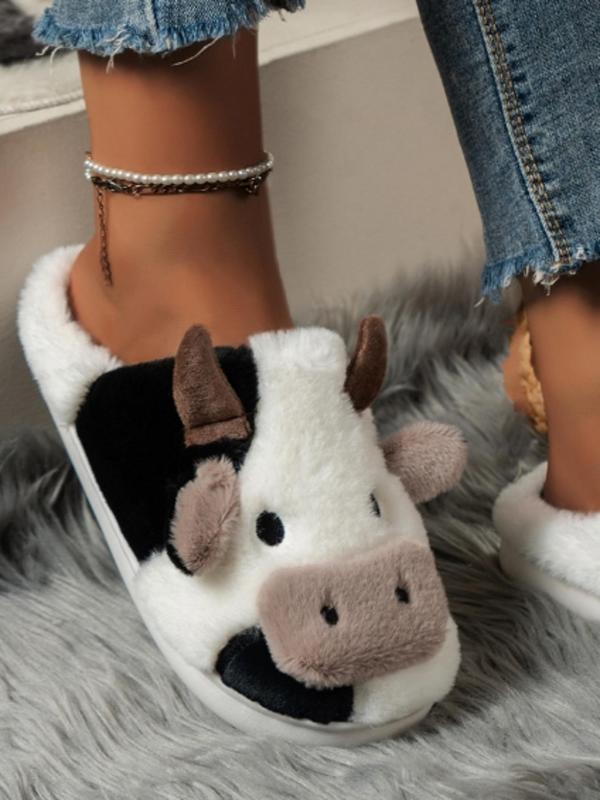 Women's Cute Cow Design Plush Slippers, Casual Soft Comfortable Home Slippers, Warm Slippers for Indoor & Outdoor Use for Fall & Winter