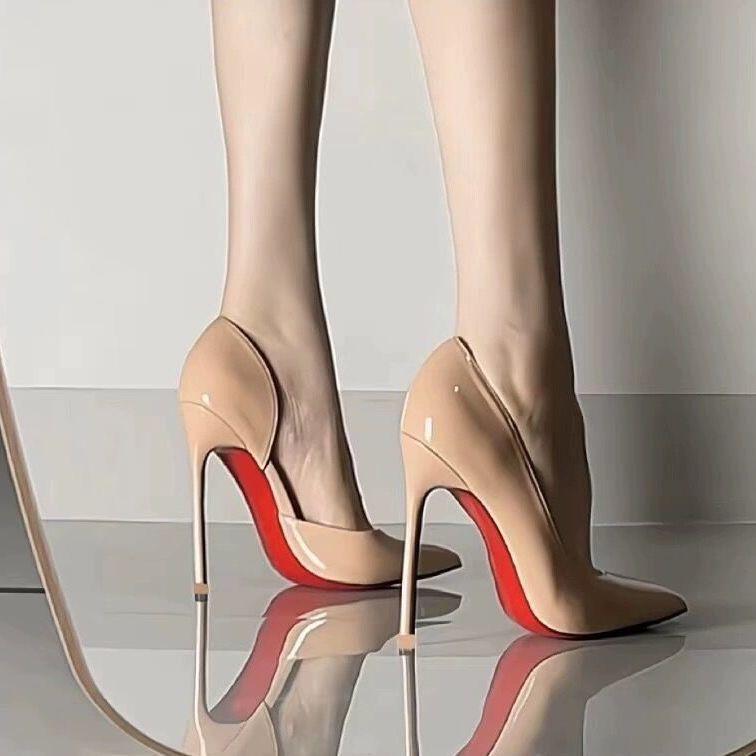 Nude Color Side Empty Red Bottom High Heels Stiletto Heel Women's New Special-Interest Design Patent Leather Bed Pumps