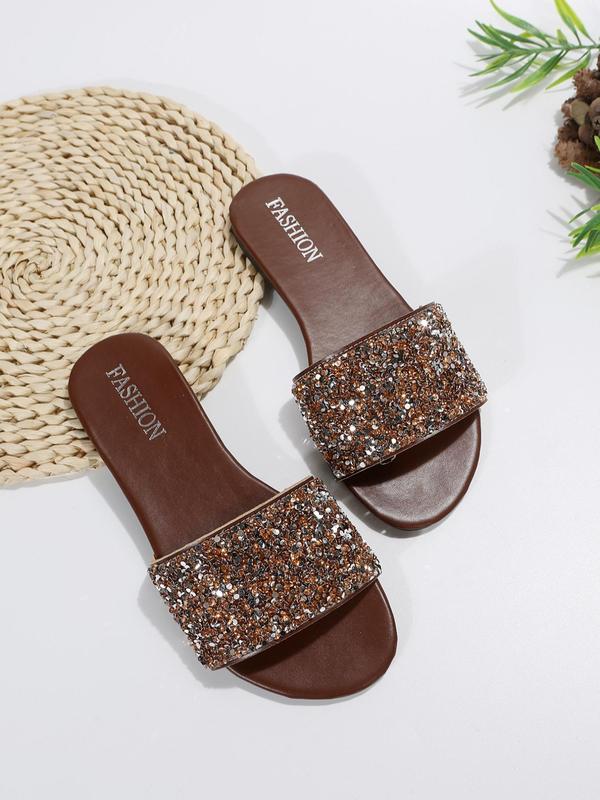 Women's Fashionable Sequins Decorated Flat Sandals, Casual Vacation Beach Sandals for Indoor and Outdoor Wear, Summer Outdoor Slip on Sandals