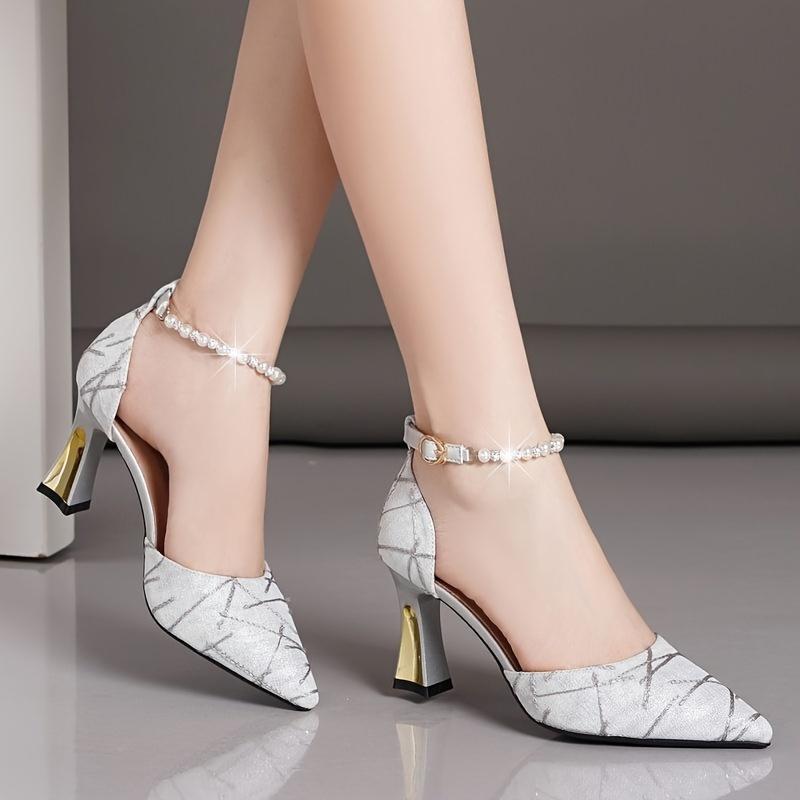 Chic Womens Faux Pearl Embellished High Heels - Glamorous Dress Pumps with Pointed Toe and Comfortable Buckle Strap Heels for Alluring Style