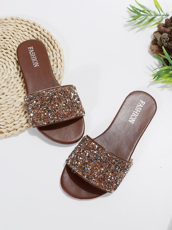 Women's Fashionable Sequins Decorated Flat Sandals, Casual Vacation Beach Sandals for Indoor and Outdoor Wear, Summer Outdoor Slip on Sandals