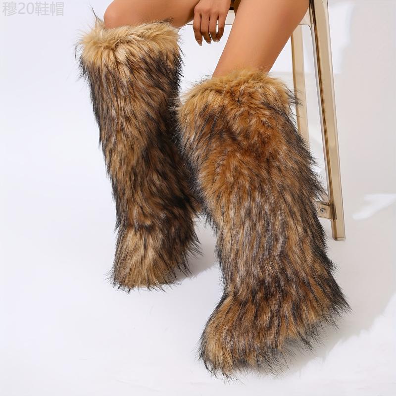 Women's Faux Fur Knee-High Boots - Young women, casual fashion enthusiasts, winter season - PVC, Solid color, Slip-on, Casual, Flat Heel, Round toe, Winter, European American, Flannel, Superfine Fiber - Suitable for Casual, Winter, Hand Was Girl  Shoe