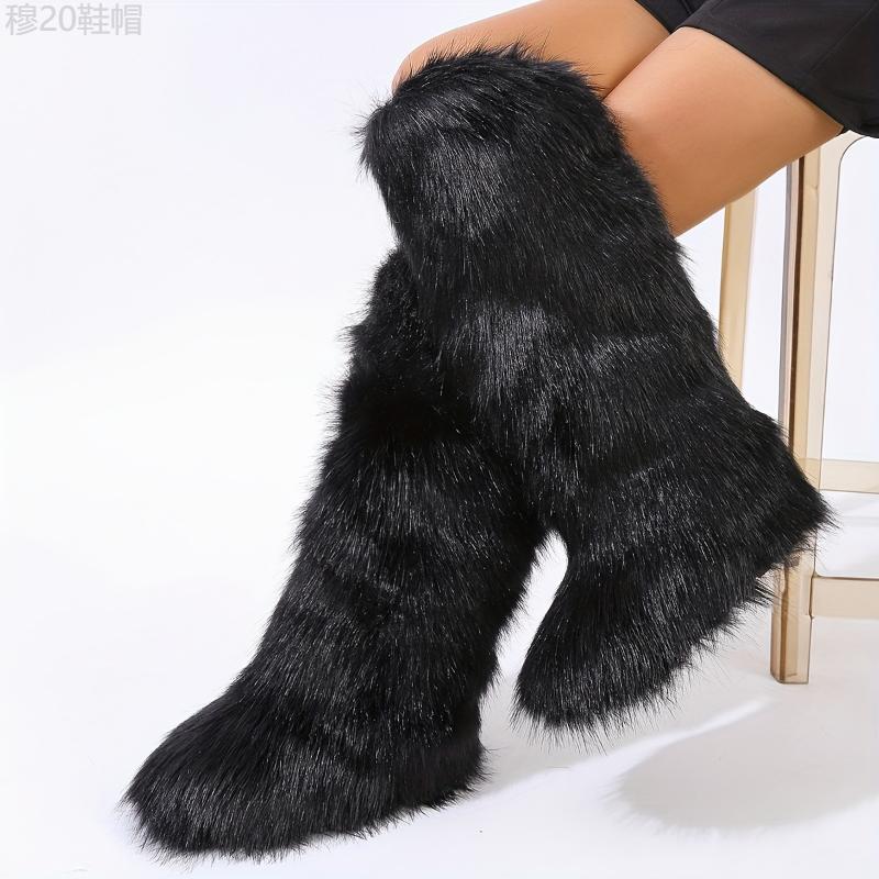 Women's Faux Fur Knee-High Boots - Young women, casual fashion enthusiasts, winter season - PVC, Solid color, Slip-on, Casual, Flat Heel, Round toe, Winter, European American, Flannel, Superfine Fiber - Suitable for Casual, Winter, Hand Was Girl  Shoe