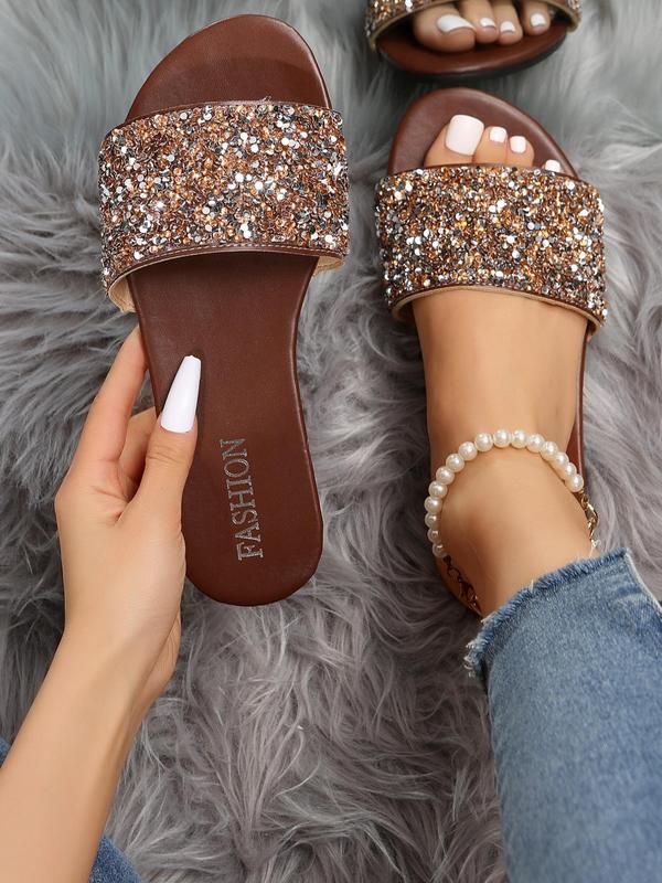 Women's Fashionable Sequins Decorated Flat Sandals, Casual Vacation Beach Sandals for Indoor and Outdoor Wear, Summer Outdoor Slip on Sandals