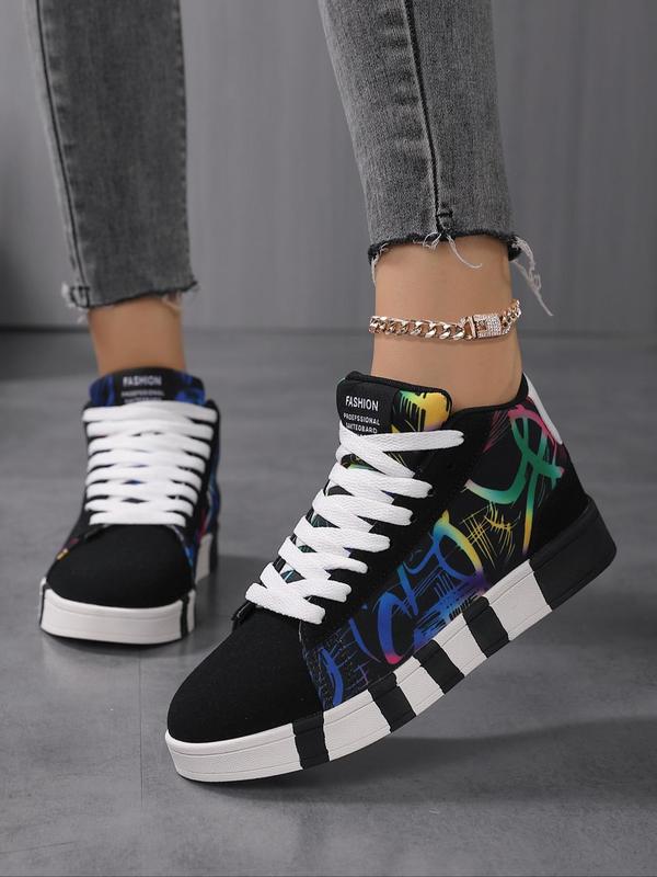 Women's Summer Casual Colorblock Letter High Top Skate Shoes, Lace up Round Toe Skate Shoes, Back To School Commuter Shoes for Work Back To School