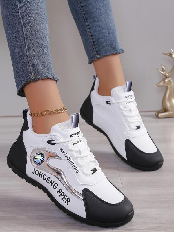 Women's Fashion Colorblock Letters Print Lace Up Front Sneakers, Casual Comfortable Breathable Sports Running Shoes, Female All-match Round Toe Shoes for Daily Wear