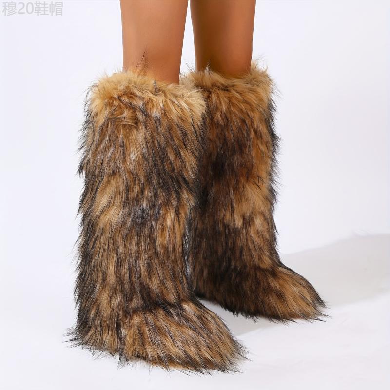 Women's Faux Fur Knee-High Boots - Young women, casual fashion enthusiasts, winter season - PVC, Solid color, Slip-on, Casual, Flat Heel, Round toe, Winter, European American, Flannel, Superfine Fiber - Suitable for Casual, Winter, Hand Was Girl  Shoe