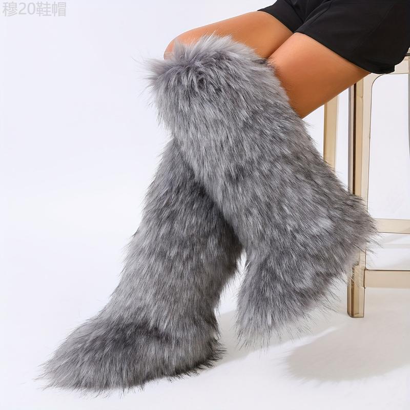 Women's Faux Fur Knee-High Boots - Young women, casual fashion enthusiasts, winter season - PVC, Solid color, Slip-on, Casual, Flat Heel, Round toe, Winter, European American, Flannel, Superfine Fiber - Suitable for Casual, Winter, Hand Was Girl  Shoe