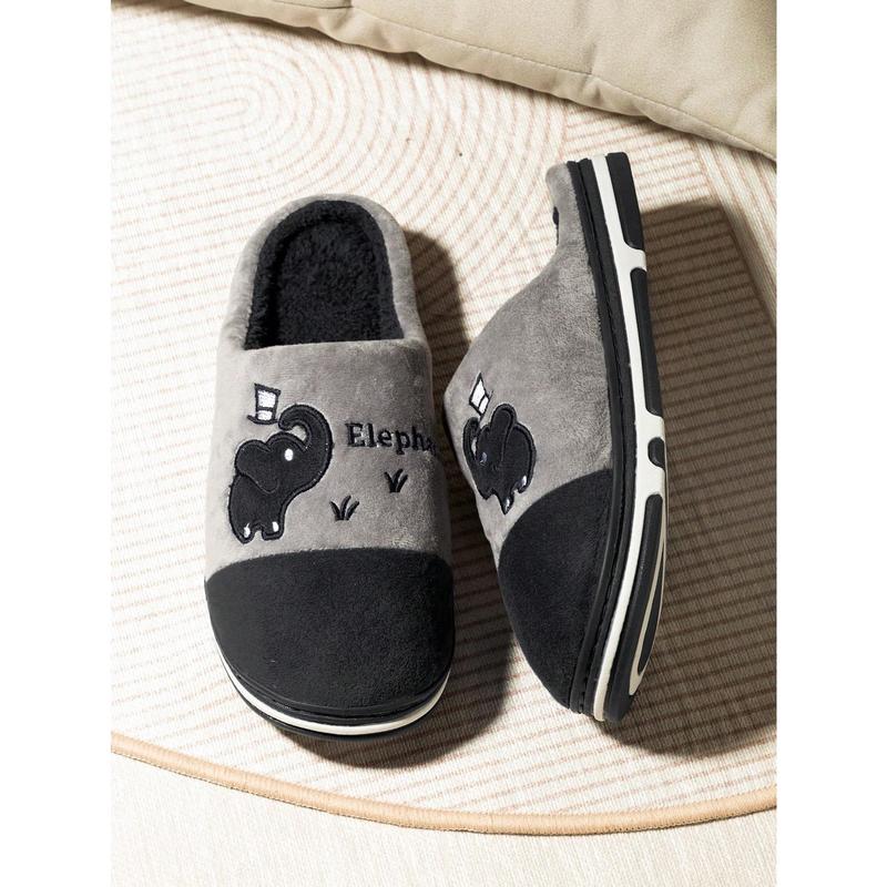 Cute Cartoon Elephant Men's Home Fur Fabric Slippers Indoor Winter Soft Couple Warm And Velvet Non Slip Slippers For Women Footwear Slide