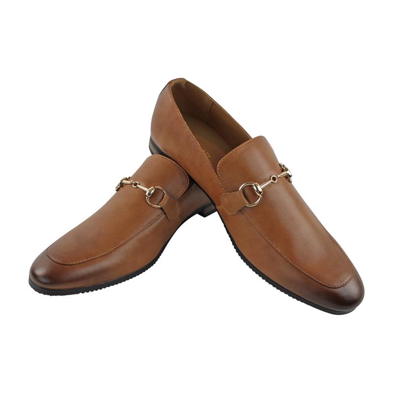 Men's Slip On Real Leather Loafers With Gold Buckle Round Toe Formal Dress Shoes AZARMAN