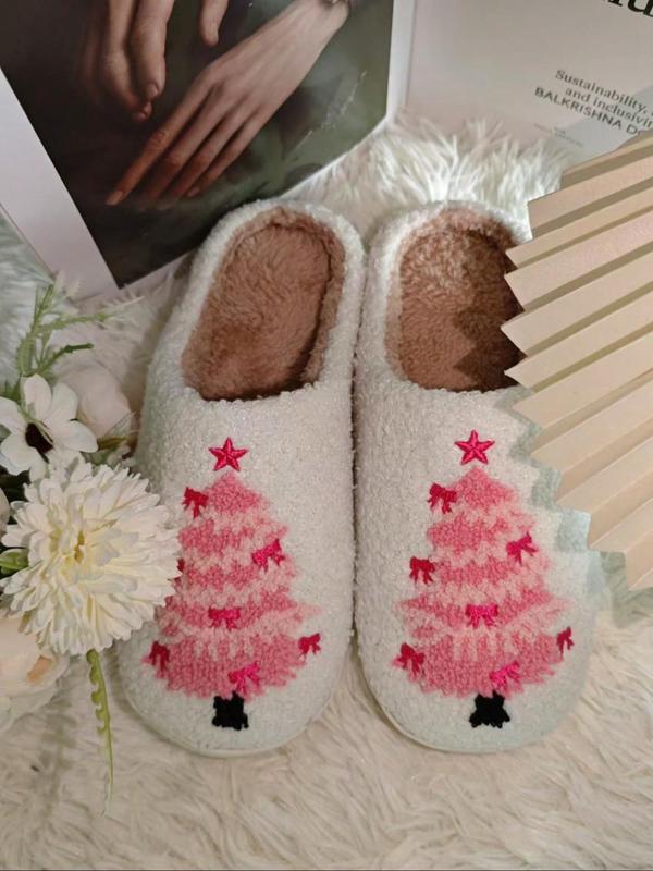 Women's Cute Cartoon Christmas Tree Design Plush Slippers, Casual Soft Comfortable Home Slippers, Warm Slippers for Indoor & Outdoor Use for Fall & Winter