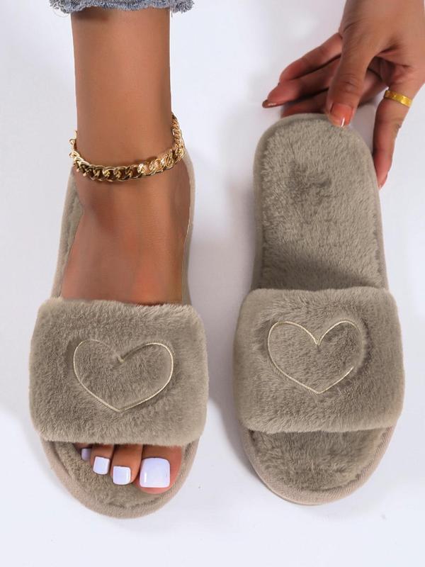 Heart Embroidered Fluffy Slippers, Soft Plush Lining Bedroom Slippers, Comfort Wide Band Cute Warm Footwear Slippers for Fall & Winter for Back To School Gifts, Fall Outfits, Fall Freshness Fall Indoor Slippers