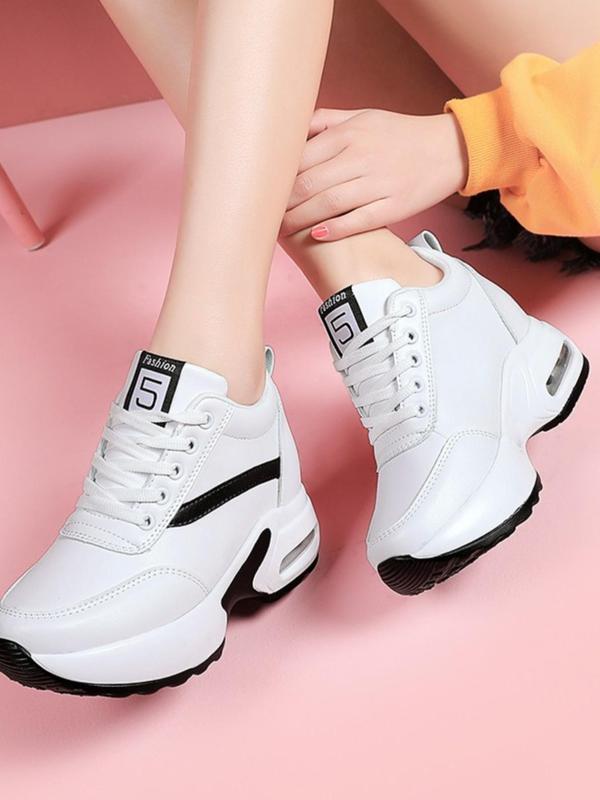 Women's Fashionable Letter Patch Lace up Front Sneakers, Casual Comfortable Breathable Low Top Shoes, Female All-match Round Toe Wedge Sneakers for Daily Life