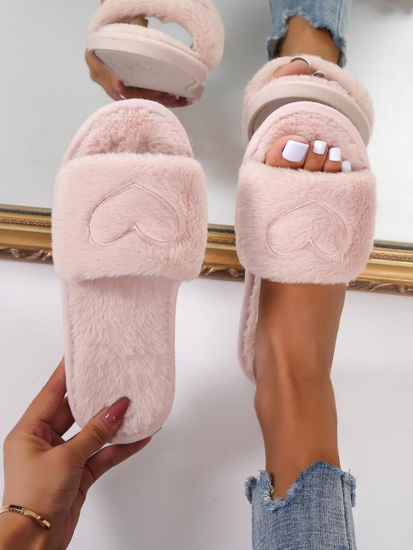 Heart Embroidered Fluffy Slippers, Soft Plush Lining Bedroom Slippers, Comfort Wide Band Cute Warm Footwear Slippers for Fall & Winter for Back To School Gifts, Fall Outfits, Fall Freshness Fall Indoor Slippers