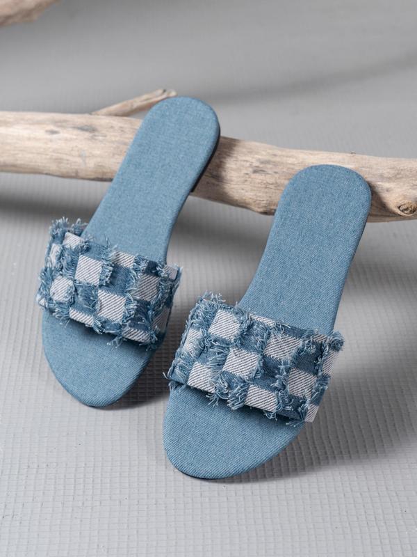 Fashion Plaid Print Slide Sandals for Women, Girls Birthday Gift, 2024 New Style Casual Comfortable Home Slippers for Summer, Outdoor Beach & Back To School Footwear