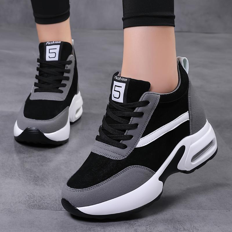 Air Cushion Women's Chunky Sneakers With Lace-up Front, Hidden Heel Fashion Platform For Outdoor Walking