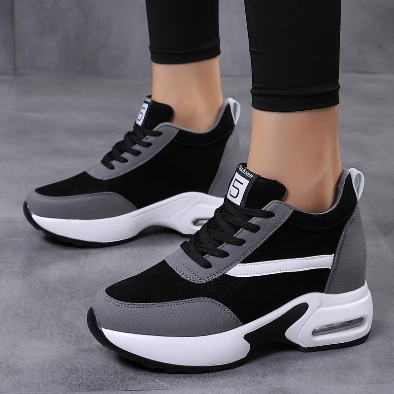 Air Cushion Women's Chunky Sneakers With Lace-up Front, Hidden Heel Fashion Platform For Outdoor Walking