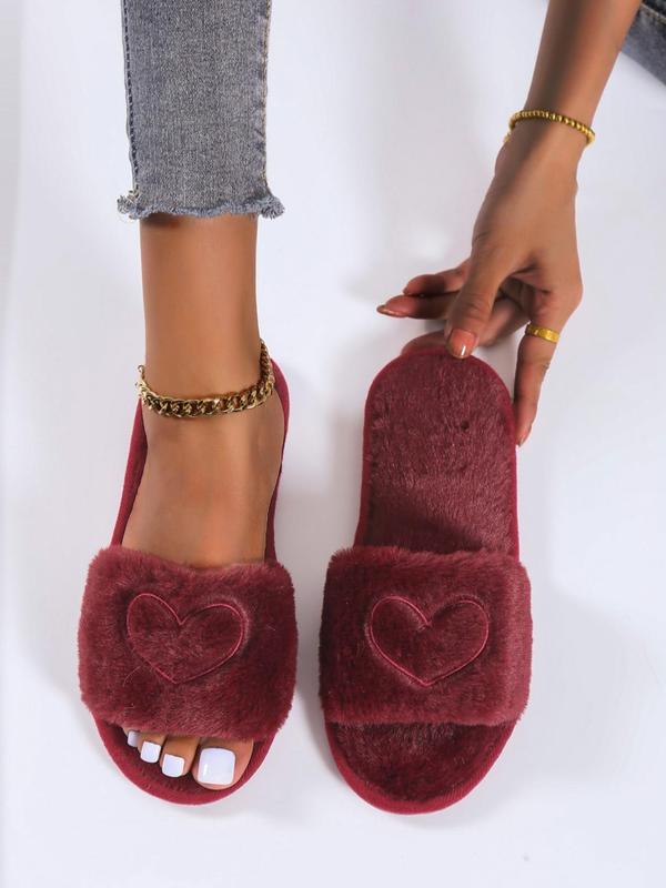 Heart Embroidered Fluffy Slippers, Soft Plush Lining Bedroom Slippers, Comfort Wide Band Cute Warm Footwear Slippers for Fall & Winter for Back To School Gifts, Fall Outfits, Fall Freshness Fall Indoor Slippers