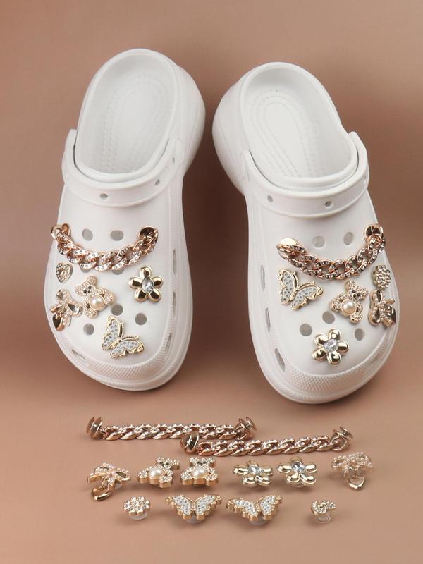 Cute Bear & Butterfly Design Shoe Charms, Faux Pearl Decor Chain Decor Shoe Decorations, Fashionable Shoes Decorations for Women & Girls