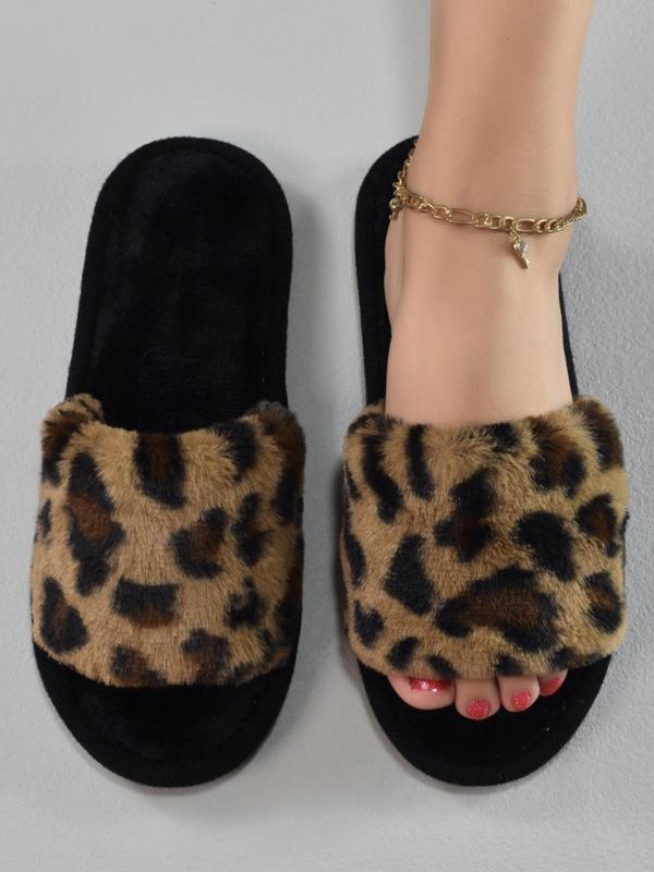 Women's Street Style Leopard Bedroom Slippers, Simple House Slippers with Open Toe Design, Casual Trendy Fluffy Fuzzy Slippers for Indoor for Fall & Winter, Fall Outfits, Earthtone Fall Freshness, Birthday Gifts