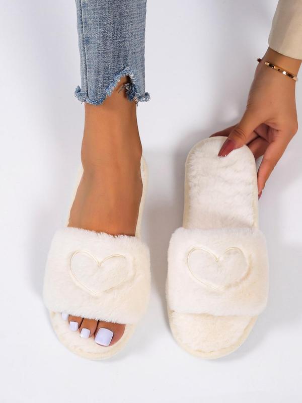 Heart Embroidered Fluffy Slippers, Soft Plush Lining Bedroom Slippers, Comfort Wide Band Cute Warm Footwear Slippers for Fall & Winter for Back To School Gifts, Fall Outfits, Fall Freshness Fall Indoor Slippers