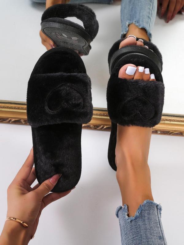 Heart Embroidered Fluffy Slippers, Soft Plush Lining Bedroom Slippers, Comfort Wide Band Cute Warm Footwear Slippers for Fall & Winter for Back To School Gifts, Fall Outfits, Fall Freshness Fall Indoor Slippers