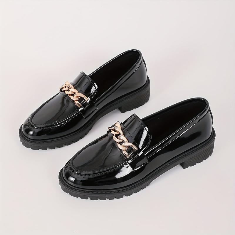 Women's Chain Fashionable Round Toe Decor Loafers, Slip On Shoes, All-Match Patent Leather Loafers