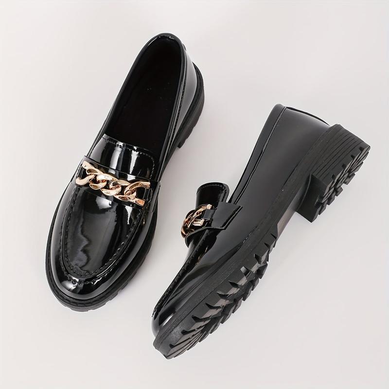 Women's Chain Fashionable Round Toe Decor Loafers, Slip On Shoes, All-Match Patent Leather Loafers