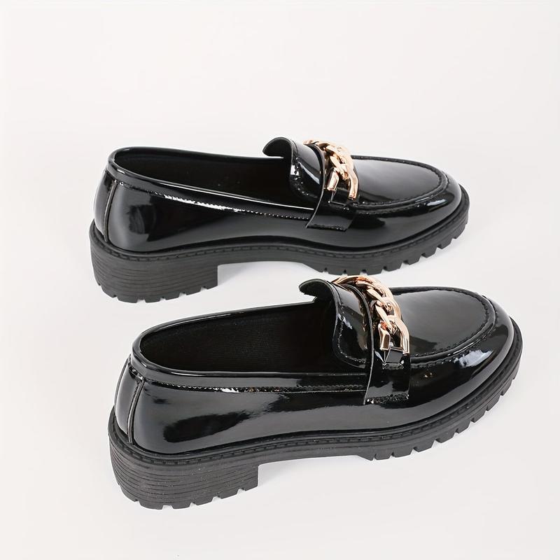 Women's Chain Fashionable Round Toe Decor Loafers, Slip On Shoes, All-Match Patent Leather Loafers