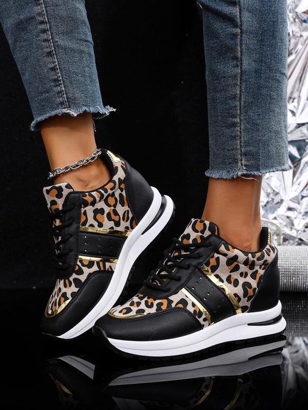 Women's Fashion Leopard Print Lace Up Platform Sneakers, Casual Comfortable Round Toe Sports Shoes for Daily Wear, Female All-match Shoes for Fall & Winter