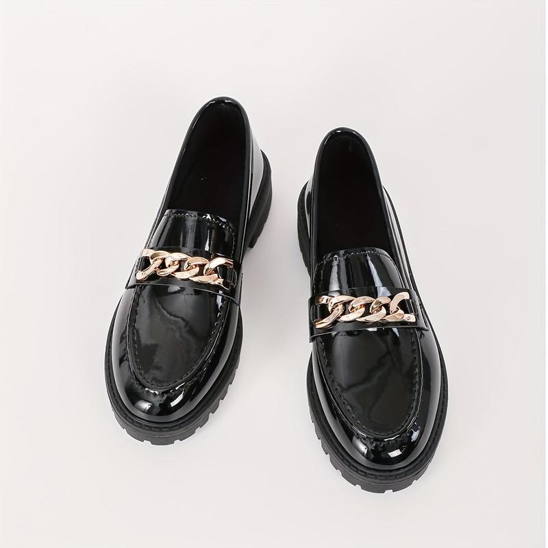 Women's Chain Fashionable Round Toe Decor Loafers, Slip On Shoes, All-Match Patent Leather Loafers