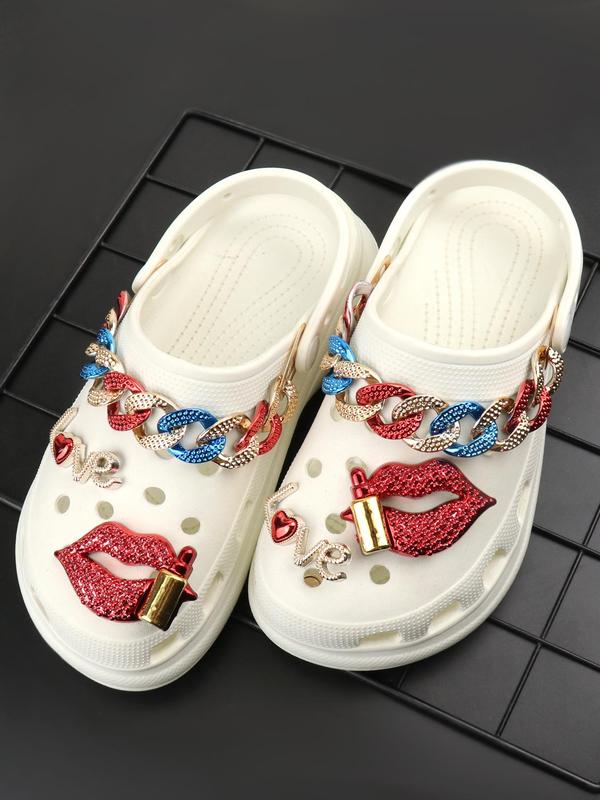 6pcs set Women's 2024 Street Trend Clogs Charms, Trendy Novelty Chain & Lipstick Shoes Decorations, Shiny Shoes Charms for Clogs DIY As Birthday Gift