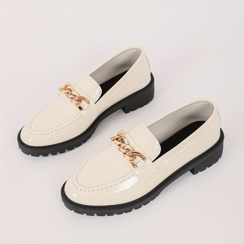 Women's Chain Fashionable Round Toe Decor Loafers, Slip On Shoes, All-Match Patent Leather Loafers