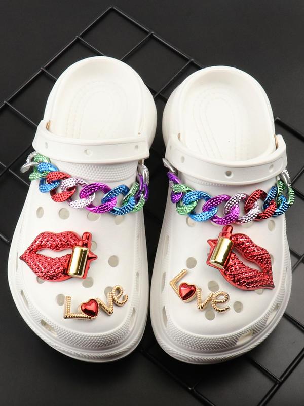 6pcs set Women's 2024 Street Trend Clogs Charms, Trendy Novelty Chain & Lipstick Shoes Decorations, Shiny Shoes Charms for Clogs DIY As Birthday Gift