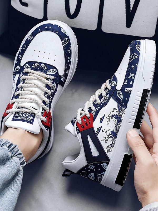 Men's Patchwork Graphic Print Lace Up Skate Shoes, Fashion Casual Comfortable Sports Shoes, Male All-match Round Toe Shoes for Daily Wear